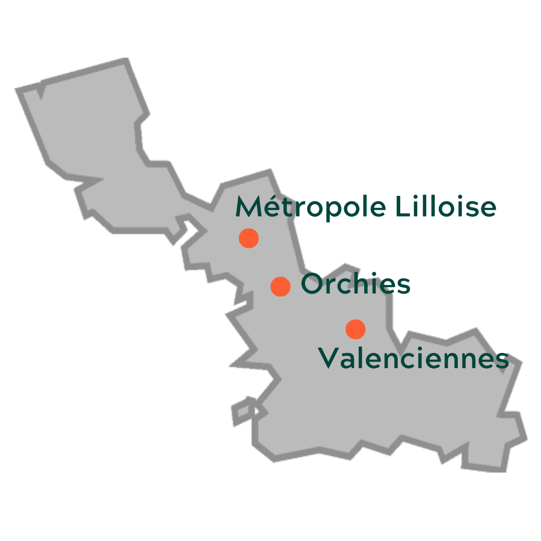 Carte avec les zones de rendez-vous : Lille, Villeneuve d'Ascq, Marcq en Baroeul, Orchies et Valenciennes